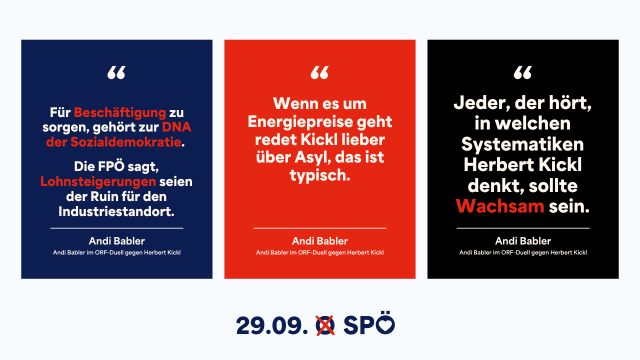 Grafik von drei hochformatigen Postings für Social Media mit Zitaten von Andi Babler aus dem TV-Duell gegen Kickl. Die Darstellung dien als Vorschau für die verlinkte Plattform 