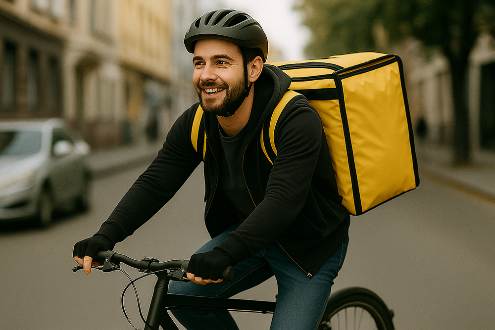 Bild von einem lächelnden Essenszusteller, der am Fahrrad unterwegs ist