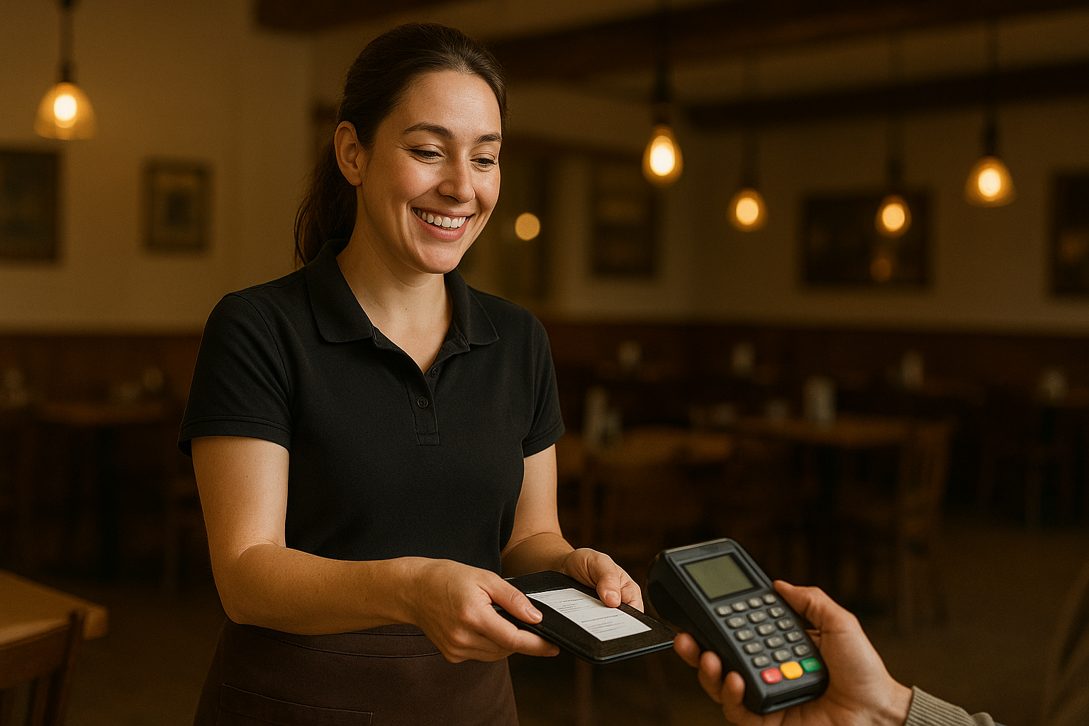 Bild von einer freundlichen Kellnerin im Restaurant, die gerade abkassiert.