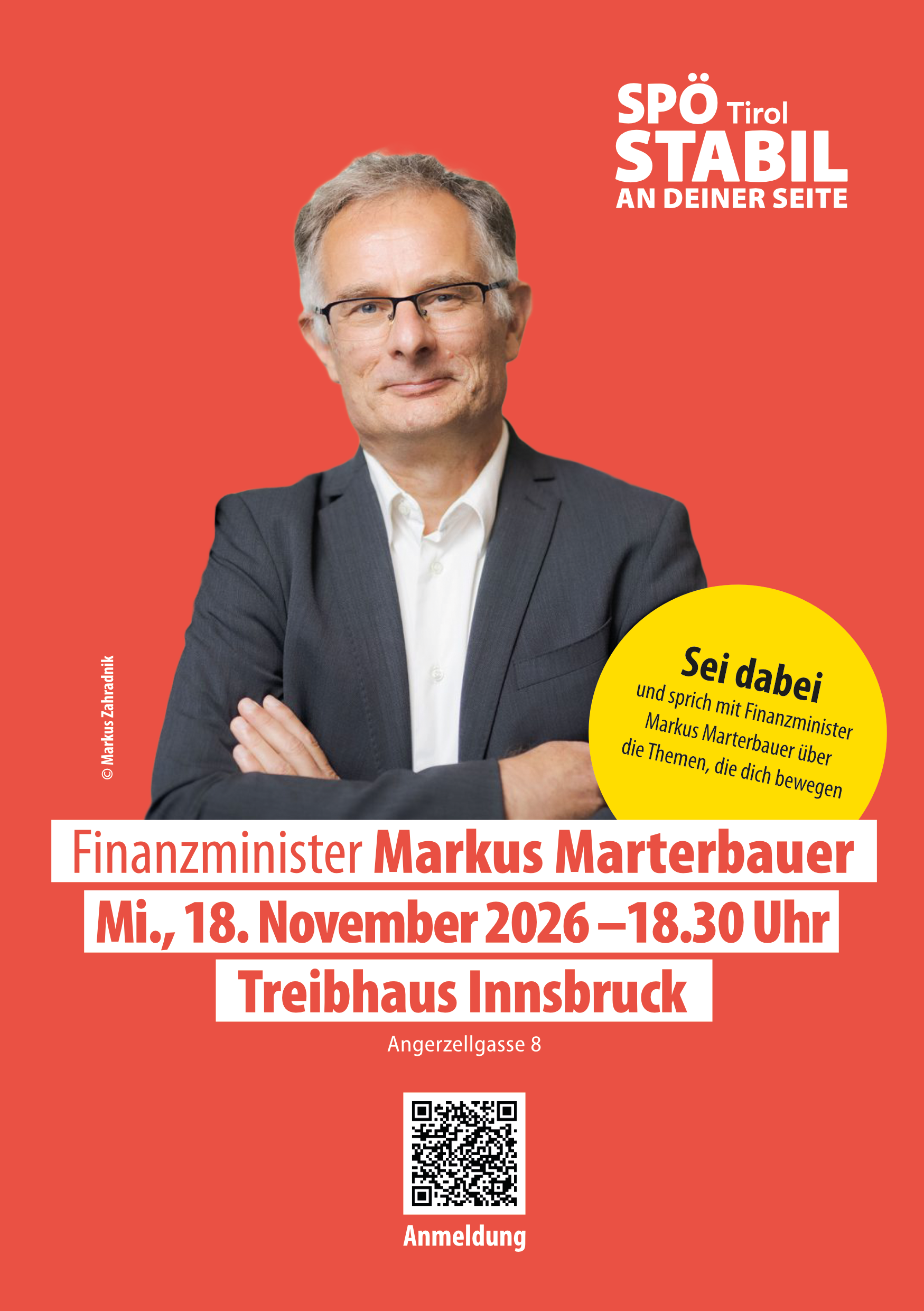 Bild-Textsujet zur Veranstaltung mit Finanzminister Markus Marterbauer am 18. November 2026 um 18.30 Uhr im Treibhaus Innsbruck.